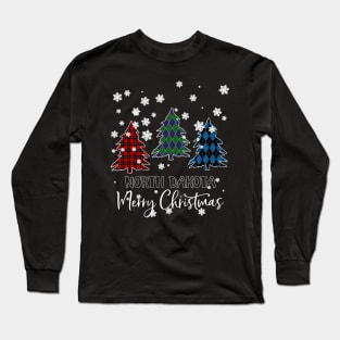 North Dakota Merry Christms Buffalo Plaid Xmas Tree  Long Sleeve T-Shirt